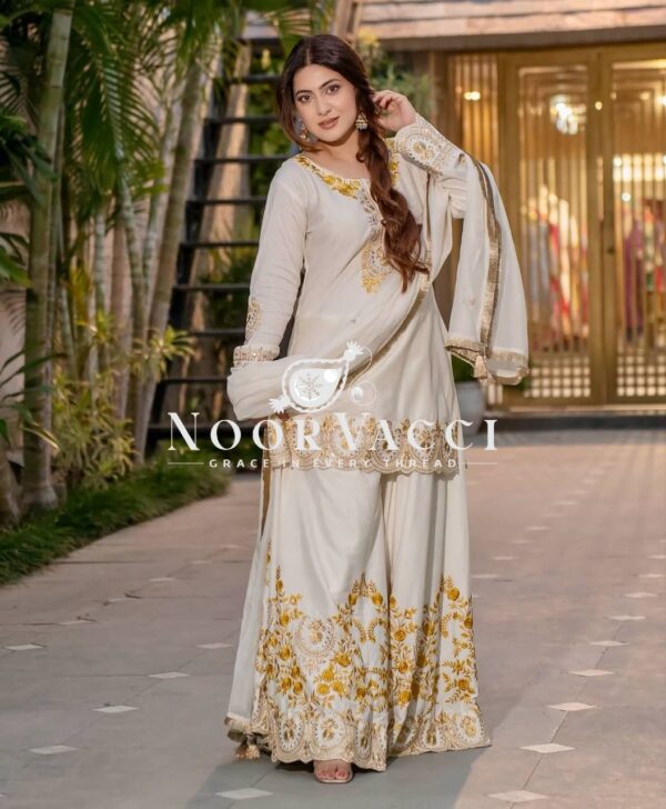 Shop Natural Crepe Silk Embroidered Top with Sharara Plazo & Dupatta - Image 3