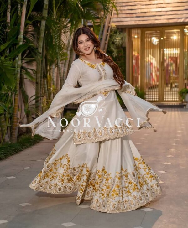 Shop Natural Crepe Silk Embroidered Top with Sharara Plazo & Dupatta - Image 4