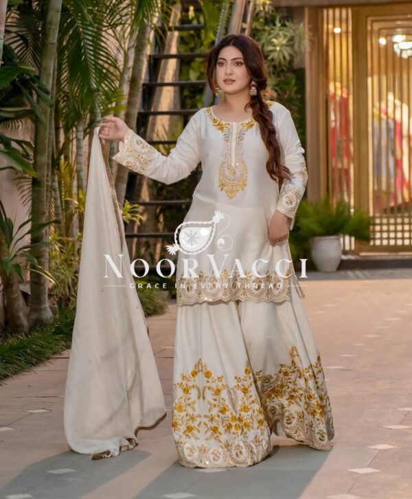 Shop Natural Crepe Silk Embroidered Top with Sharara Plazo & Dupatta - Image 2