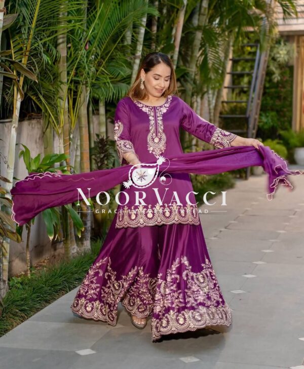 Shop Natural Crepe Silk Embroidered Top with Sharara Plazo & Dupatta - Image 3