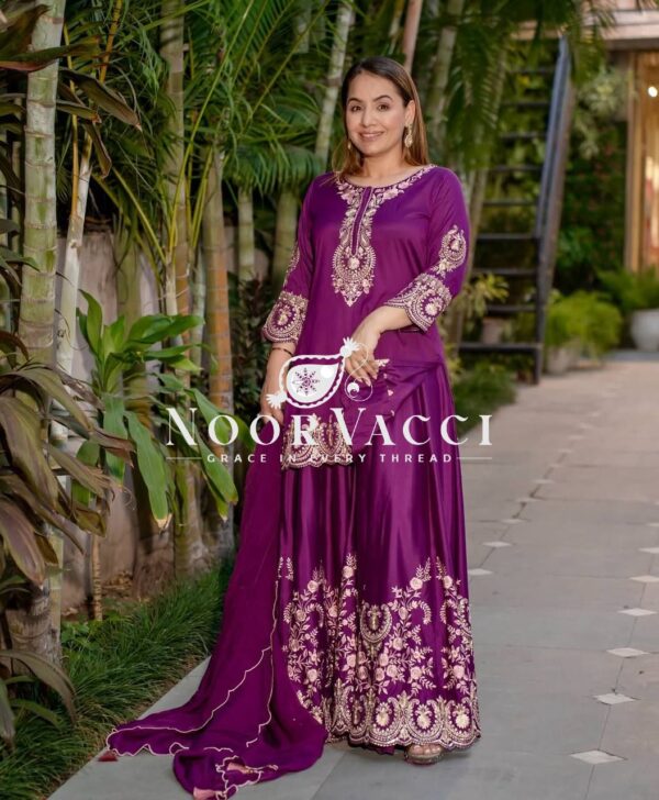 Shop Natural Crepe Silk Embroidered Top with Sharara Plazo & Dupatta - Image 4