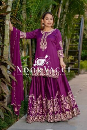 Shop Natural Crepe Silk Embroidered Top with Sharara Plazo & Dupatta
