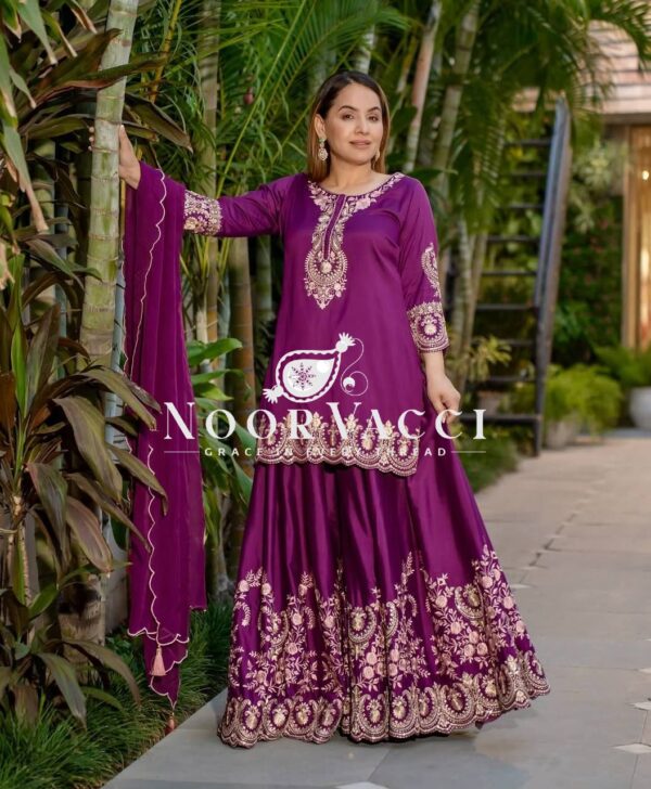 Shop Natural Crepe Silk Embroidered Top with Sharara Plazo & Dupatta