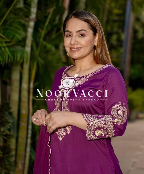 Shop Natural Crepe Silk Embroidered Top with Sharara Plazo & Dupatta - Image 5
