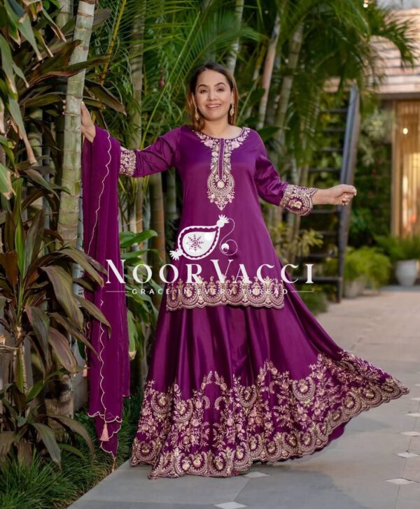 Shop Natural Crepe Silk Embroidered Top with Sharara Plazo & Dupatta - Image 2