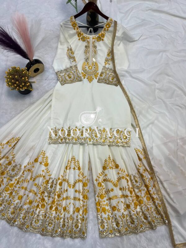 Shop Natural Crepe Silk Embroidered Top with Sharara Plazo & Dupatta - Image 7