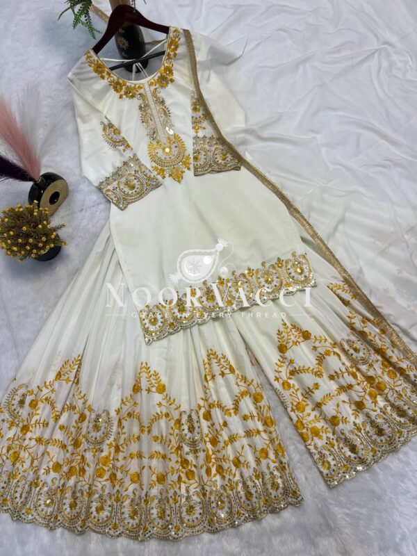 Shop Natural Crepe Silk Embroidered Top with Sharara Plazo & Dupatta - Image 8
