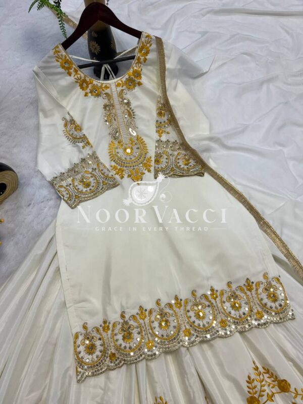 Shop Natural Crepe Silk Embroidered Top with Sharara Plazo & Dupatta - Image 5