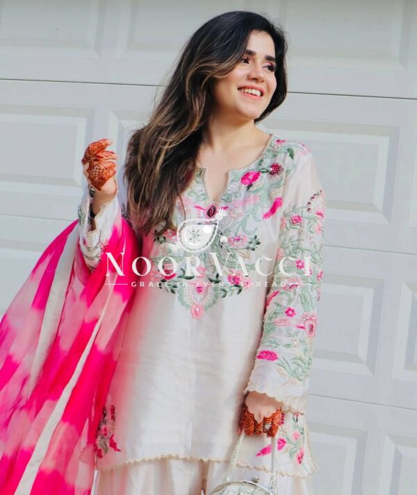 Buy Vichitra Silk Embroidered Farshi Salwar with Organza Dupatta - Image 4