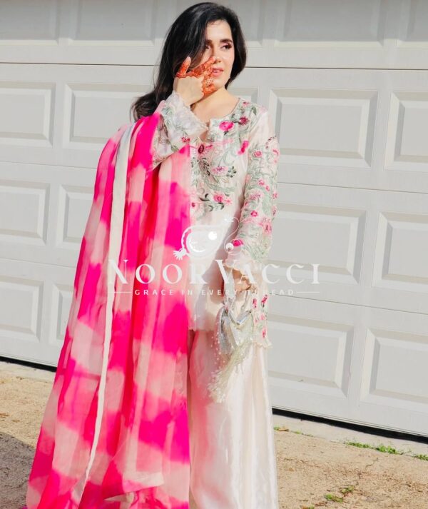 Buy Vichitra Silk Embroidered Farshi Salwar with Organza Dupatta - Image 5