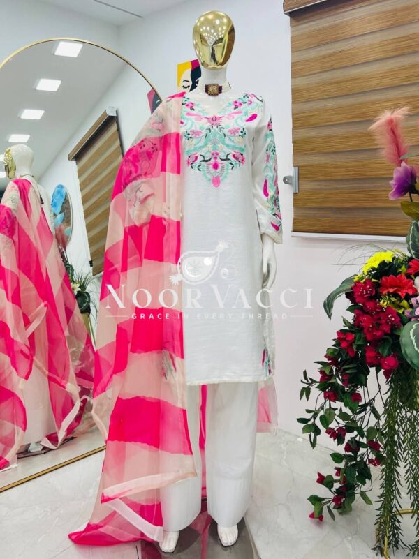 Buy Vichitra Silk Embroidered Farshi Salwar with Organza Dupatta - Image 7