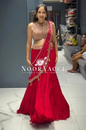 Buy Faux Georgette Ready-to-Wear Lehenga Saree with Embroidered Blouse