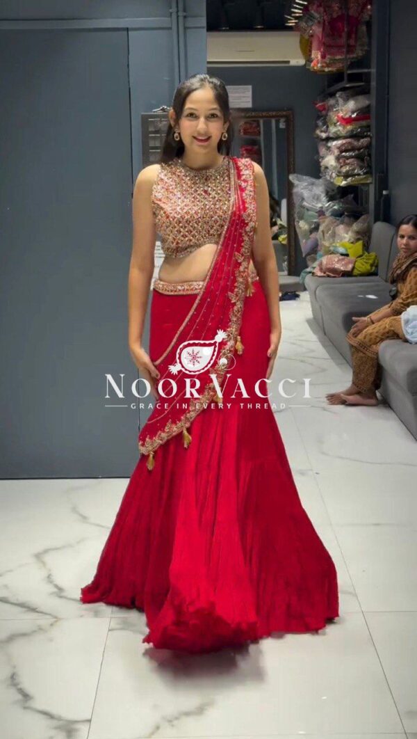 Buy Faux Georgette Ready-to-Wear Lehenga Saree with Embroidered Blouse
