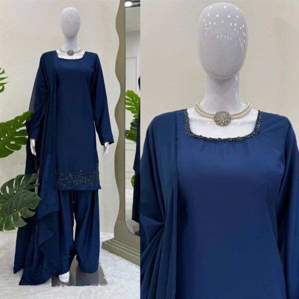 Buy Natural Crepe Farshi Suit with Beads & Thread Work Dupatta - Image 9