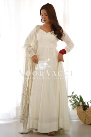 Shop Romansilk Chanderi Embroidered Anarkali Set with Dupatta and Pant