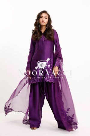 Shop Natural Crepe Beaded Top with Farshi Salwar & Net Dupatta Set