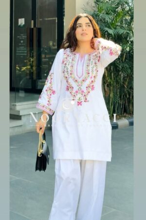 Buy Natural Crepe Silk Embroidered Set with Farshi Pant & Dupatta