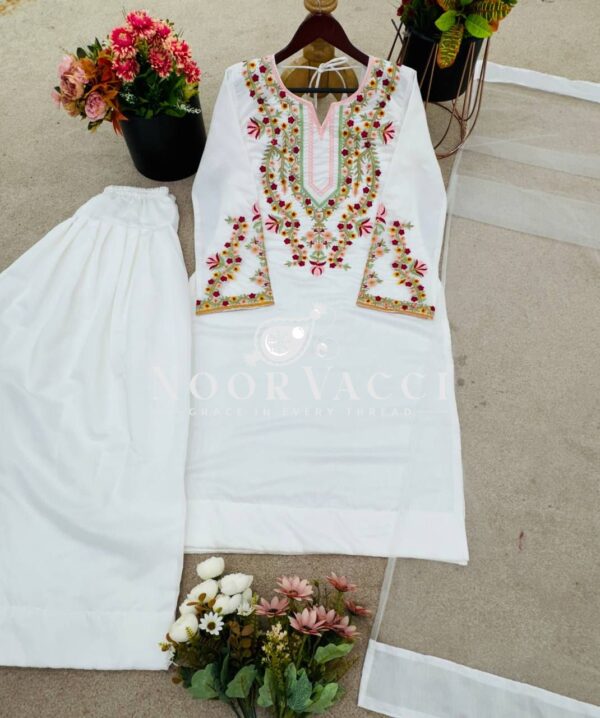 Buy Natural Crepe Silk Embroidered Set with Farshi Pant & Dupatta - Image 7