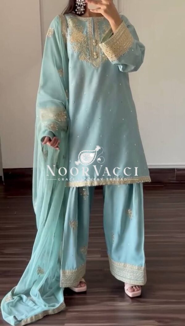 Buy Chinon Silk Embroidered Top with Palazzo & Tissue Dupatta Set - Image 2