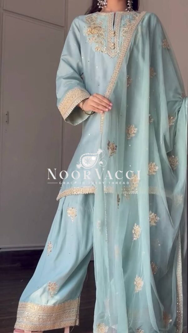 Buy Chinon Silk Embroidered Top with Palazzo & Tissue Dupatta Set - Image 13