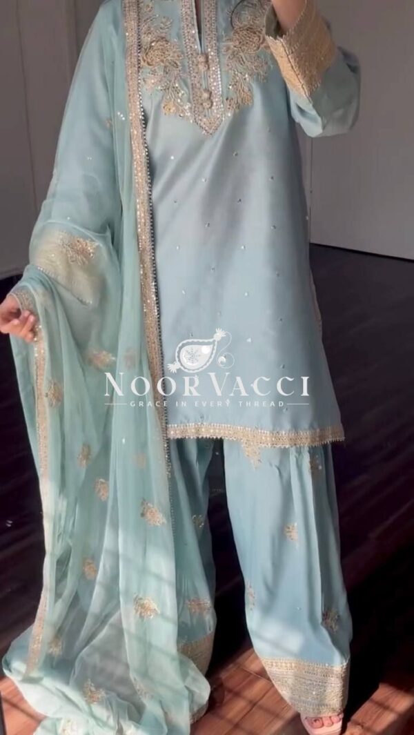 Buy Chinon Silk Embroidered Top with Palazzo & Tissue Dupatta Set - Image 14