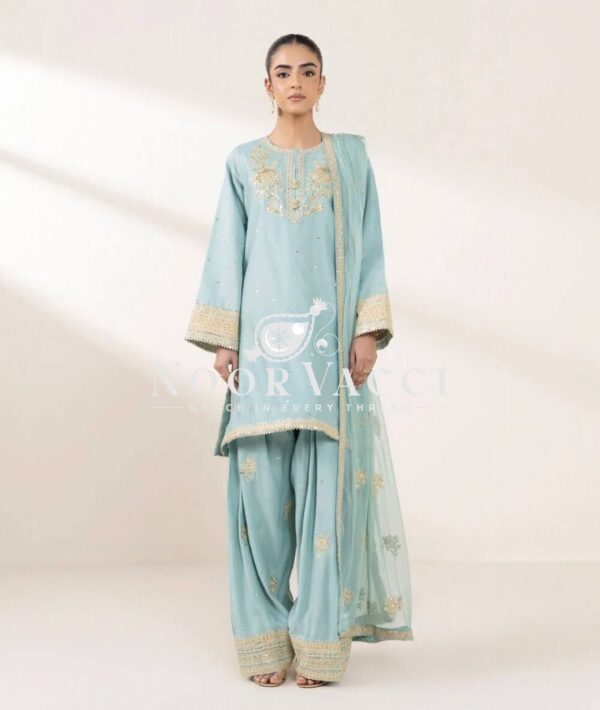Buy Chinon Silk Embroidered Top with Palazzo & Tissue Dupatta Set - Image 3