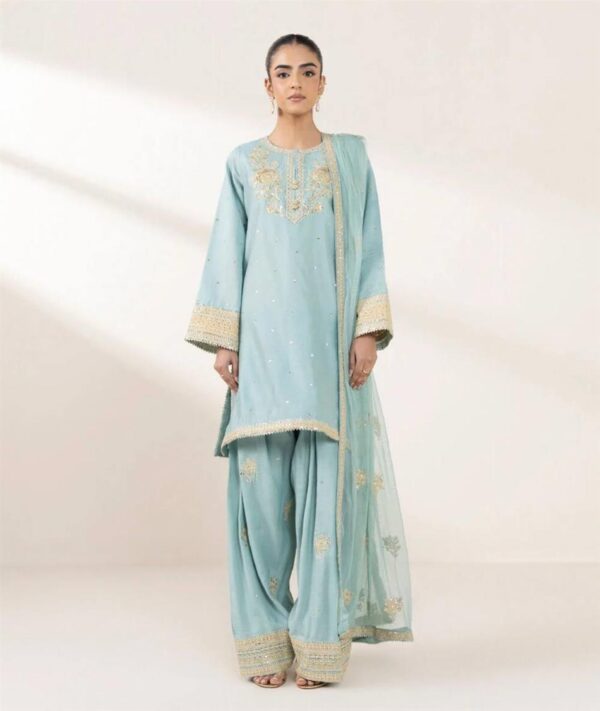 Buy Chinon Silk Embroidered Top with Palazzo & Tissue Dupatta Set - Image 3