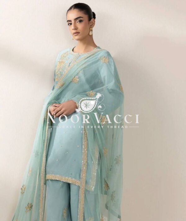 Buy Chinon Silk Embroidered Top with Palazzo & Tissue Dupatta Set - Image 4