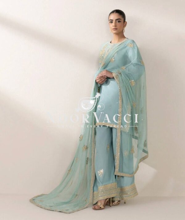 Buy Chinon Silk Embroidered Top with Palazzo & Tissue Dupatta Set - Image 5