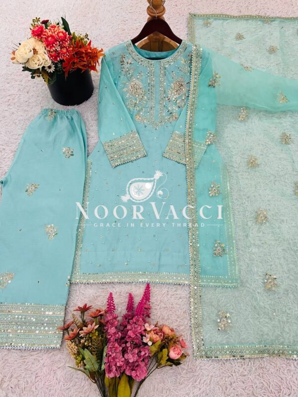Buy Chinon Silk Embroidered Top with Palazzo & Tissue Dupatta Set - Image 18