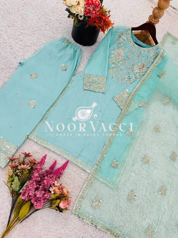 Buy Chinon Silk Embroidered Top with Palazzo & Tissue Dupatta Set - Image 16