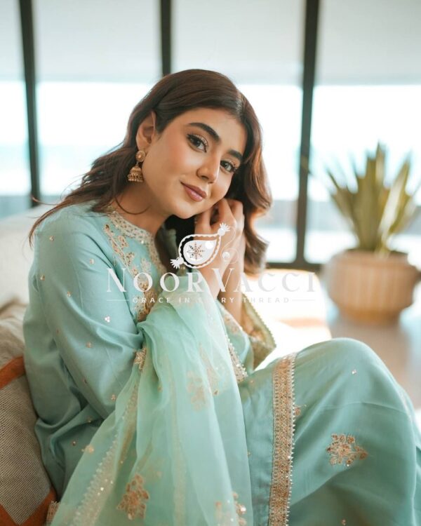 Buy Chinon Silk Embroidered Top with Palazzo & Tissue Dupatta Set - Image 11