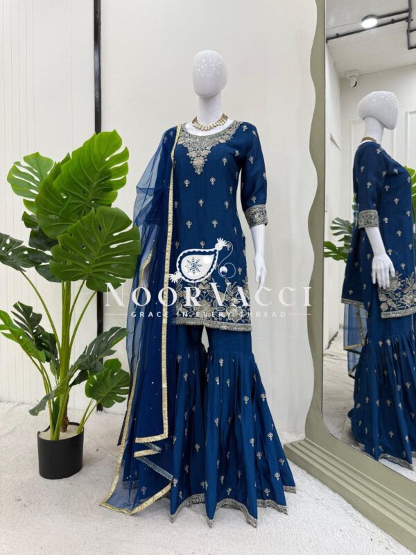 Buy Heavy Chinon Embroidered Suit with Sharara & Pearl Work Dupatta - Image 3