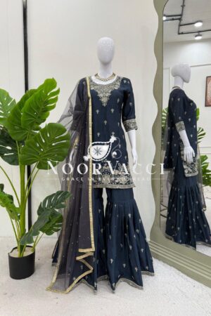 Buy Heavy Chinon Embroidered Suit with Sharara & Pearl Work Dupatta