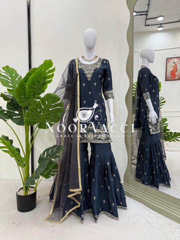 Buy Heavy Chinon Embroidered Suit with Sharara & Pearl Work Dupatta