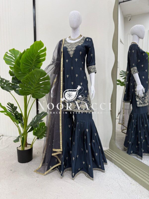 Buy Heavy Chinon Embroidered Suit with Sharara & Pearl Work Dupatta - Image 3