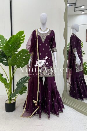 Buy Heavy Chinon Embroidered Suit with Sharara & Pearl Work Dupatta