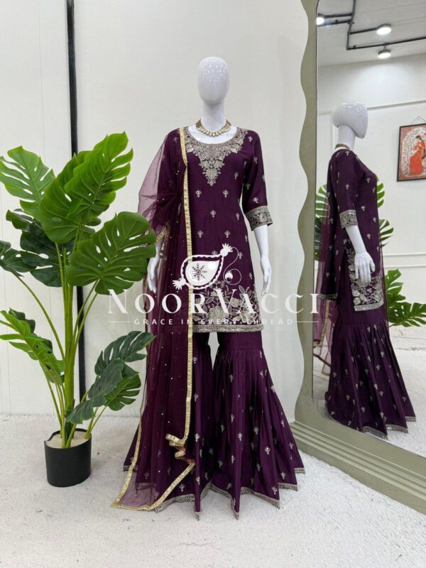 Buy Heavy Chinon Embroidered Suit with Sharara & Pearl Work Dupatta