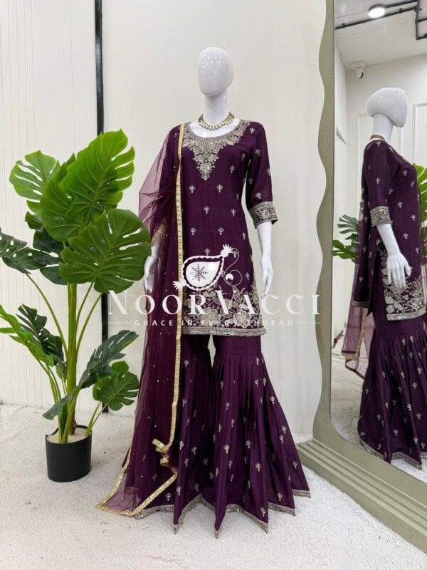 Buy Heavy Chinon Embroidered Suit with Sharara & Pearl Work Dupatta - Image 2
