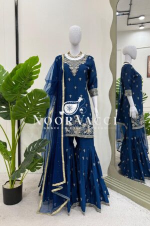 Buy Heavy Chinon Embroidered Suit with Sharara & Pearl Work Dupatta