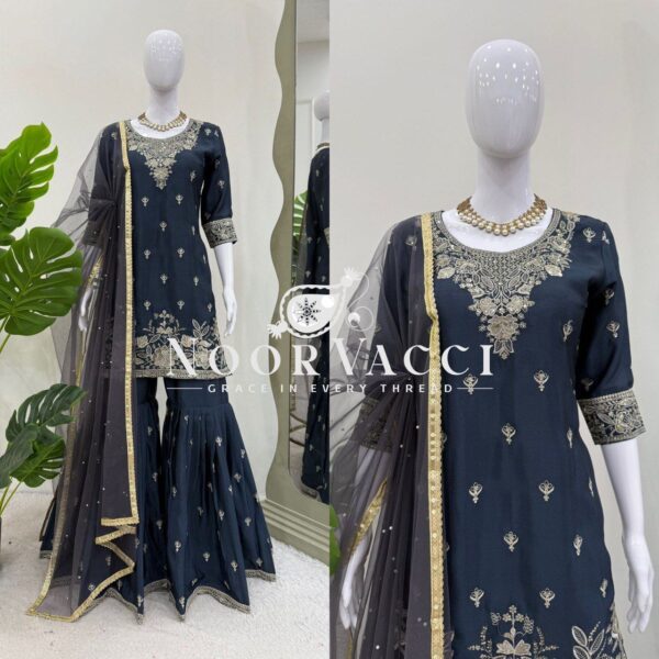 Buy Heavy Chinon Embroidered Suit with Sharara & Pearl Work Dupatta - Image 2