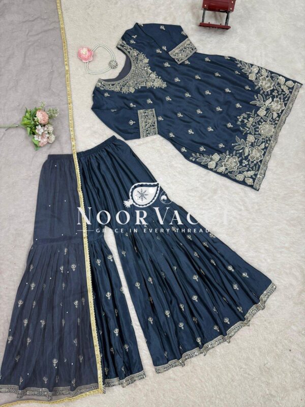 Buy Heavy Chinon Embroidered Suit with Sharara & Pearl Work Dupatta - Image 5