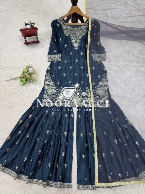 Buy Heavy Chinon Embroidered Suit with Sharara & Pearl Work Dupatta - Image 6