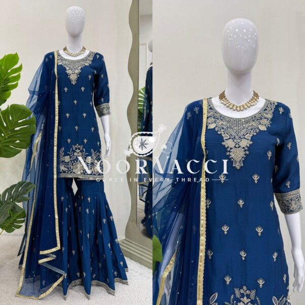 Buy Heavy Chinon Embroidered Suit with Sharara & Pearl Work Dupatta - Image 2