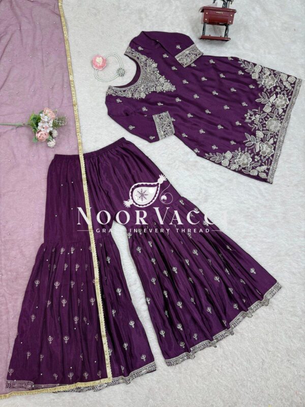 Buy Heavy Chinon Embroidered Suit with Sharara & Pearl Work Dupatta - Image 4