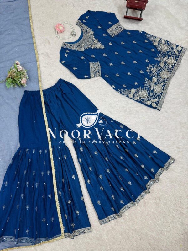 Buy Heavy Chinon Embroidered Suit with Sharara & Pearl Work Dupatta - Image 4