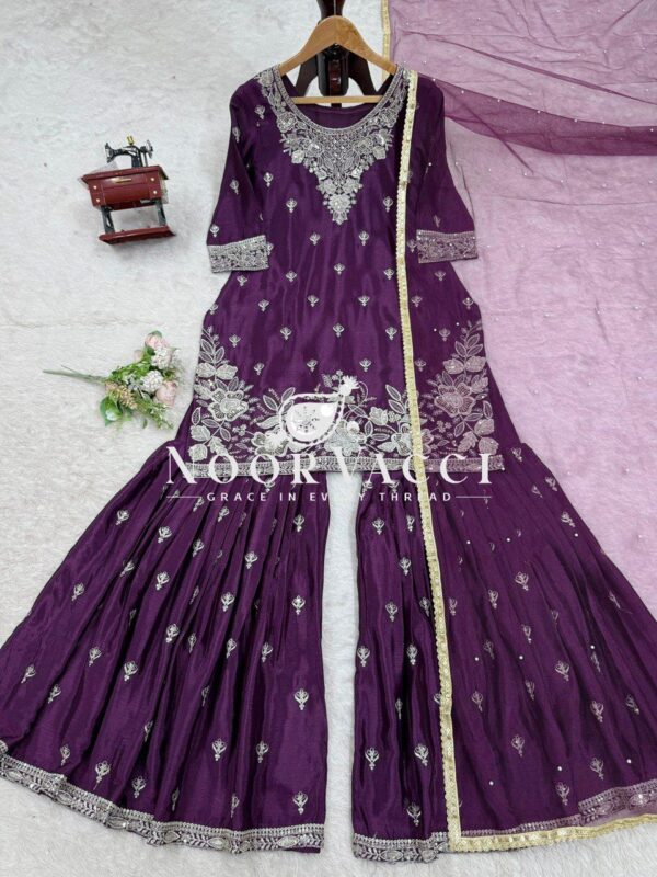 Buy Heavy Chinon Embroidered Suit with Sharara & Pearl Work Dupatta - Image 5