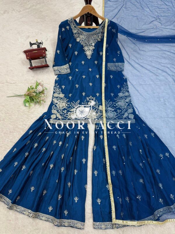 Buy Heavy Chinon Embroidered Suit with Sharara & Pearl Work Dupatta - Image 5