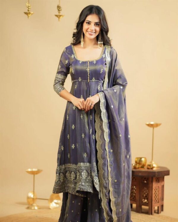 Buy Shimmer Silk Embroidered Suit with Lehenga & Dupatta Set - Image 2