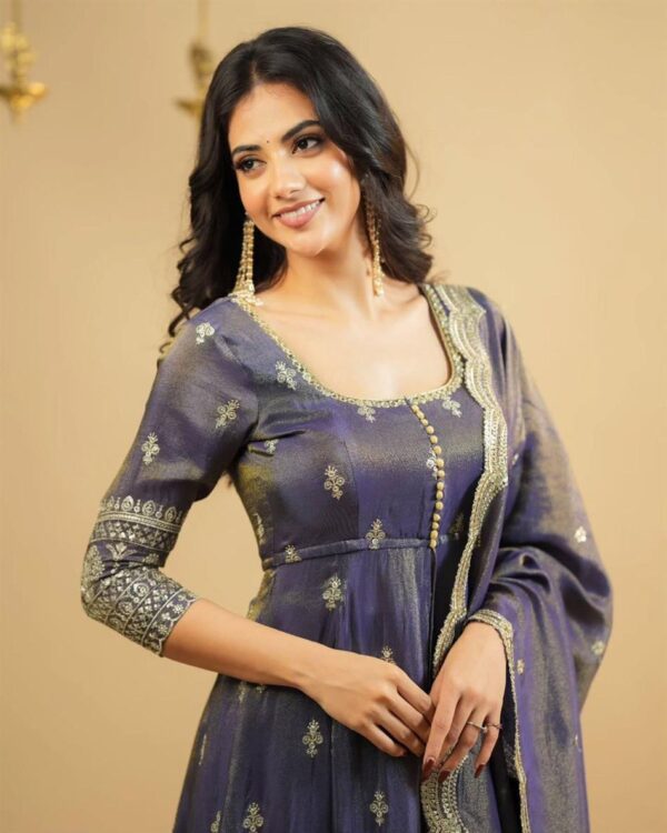 Buy Shimmer Silk Embroidered Suit with Lehenga & Dupatta Set - Image 3